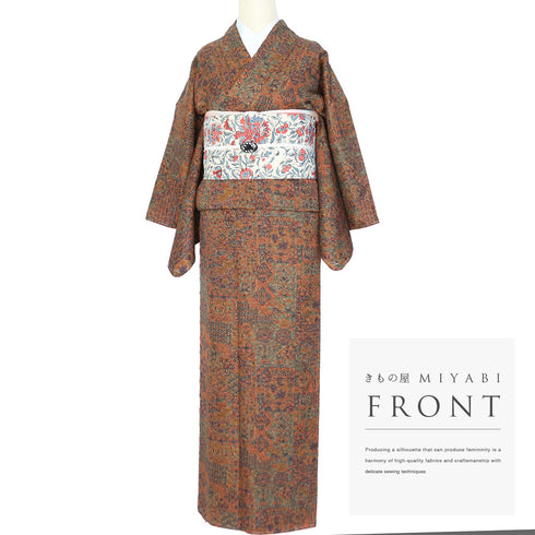 小紋 リサイクル 身丈160.5cm 裄64.4cm 袷 切嵌更紗柄 地紋 ブラウン Lサイズ お洒落 カジュアル 正絹 広衿 Sランク