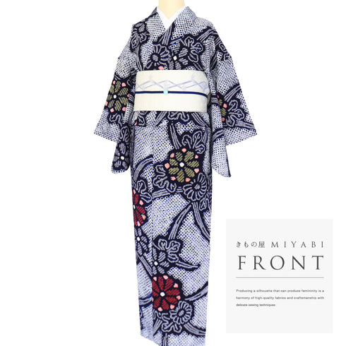 浴衣 リサイクル 夏着物 身丈152cm 裄63.6cm 夏物 絞り 菊柄 ネイビー Sサイズ カジュアル しつけ糸 木綿 洗える着物 バチ衿 Bランク