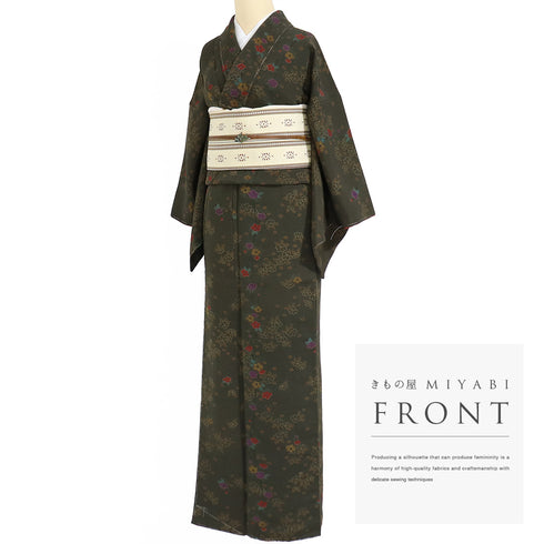 小紋 リサイクル 身丈163.2cm 裄63.6cm 袷 小花散らし柄 グリーン Lサイズ お洒落 カジュアル しつけ糸 正絹 広衿 Sランク