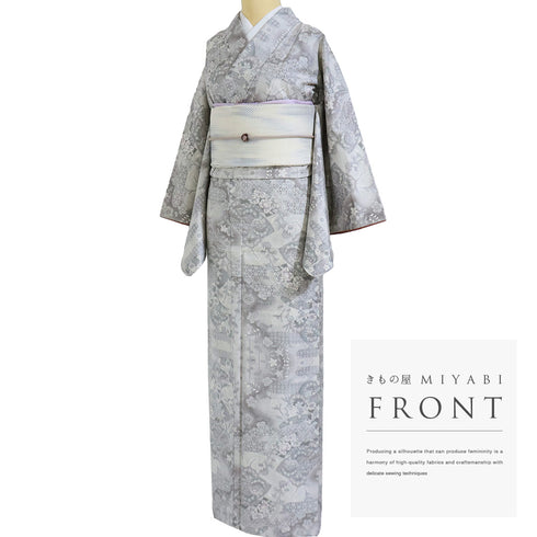 紬 リサイクル 身丈161.3cm 裄65.6cm 袷 地紙に松や花柄 麻の葉柄 グレー Lサイズ カジュアル しつけ糸 正絹 広衿 Sランク