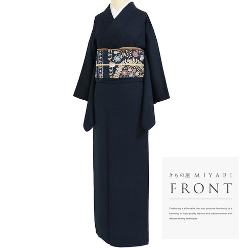 紬 リサイクル 身丈164cm 裄65cm 袷 市松柄 地紋 パールトーン加工 ネイビー Lサイズ お洒落 落款 しつけ糸 正絹 広衿 Sランク