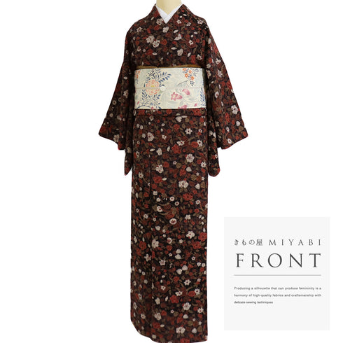 小紋 リサイクル 身丈159.2cm 裄64.8cm 袷 花柄 椿 部分絞り ブラウン Mサイズ お洒落 カジュアル 正絹 広衿 Sランク