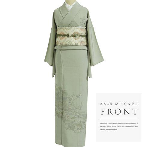 訪問着 リサイクル 身丈158.5cm 裄65.8cm 袷 風景柄 草花 汕頭刺繍 グリーン Mサイズ お洒落 セミフォーマル 正絹 広衿 Sランク