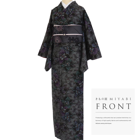 紬 リサイクル 身丈158.8cm 裄65.3cm 袷 花柄 ブラック Mサイズ お洒落 カジュアル しつけ糸 正絹 広衿 Sランク