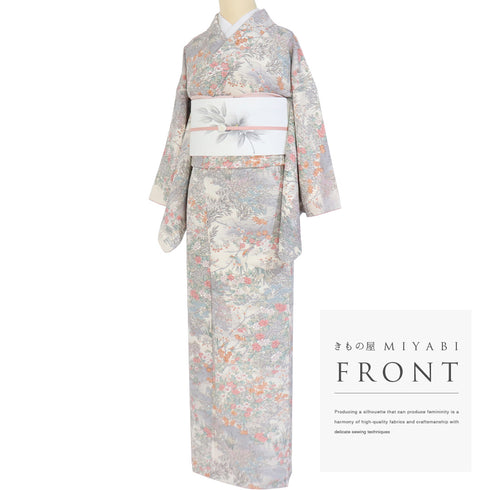 小紋 リサイクル 身丈156.5cm 裄64.4cm 袷 水辺の風景に花や鳥柄 地紋 ベージュ Mサイズ お洒落 カジュアル 正絹 広衿 Sランク