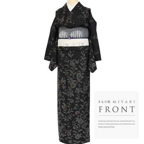 訪問着 リサイクル 身丈160.2cm 裄66.6cm 袷 紬 二代目川村久太郎 草花柄 鳥柄 ブラック Mサイズ お洒落 落款 正絹 広衿 Sランク