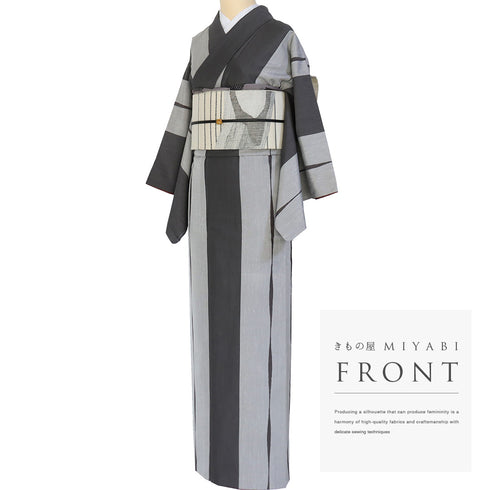 紬 リサイクル 身丈157.3cm 裄64cm 袷 伝統的工芸品 凛 染め分け柄 グレー Mサイズ お洒落 カジュアル 正絹 広衿 Aランク