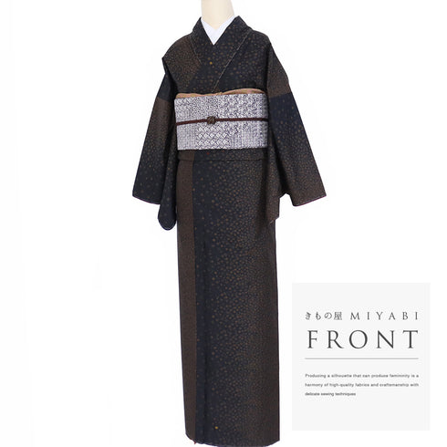 紬 リサイクル 身丈158.3cm 裄67.4cm 袷 ゆったりサイズ 小草花 部分刺繍 京繍黄八丈18算 ブラック Mサイズ お洒落 カジュアル 証紙 しつけ糸 正絹 広衿 Sランク