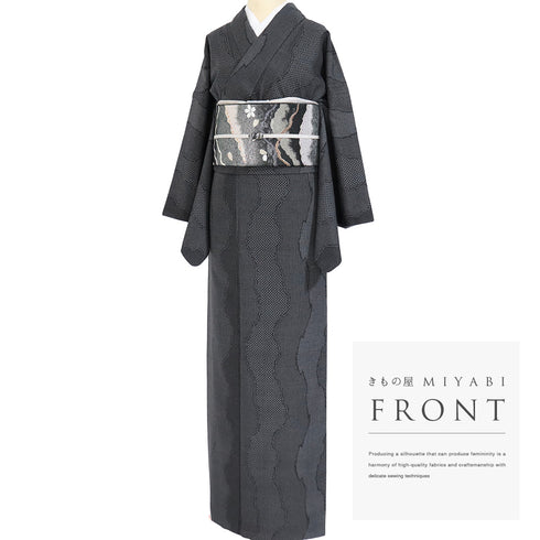 結城紬 リサイクル 身丈171cm 裄68.4cm 袷 ゆったりサイズ 百亀甲絣柄 奥順製 ブラック LLサイズ カジュアル お洒落 証紙 正絹 広衿 Sランク