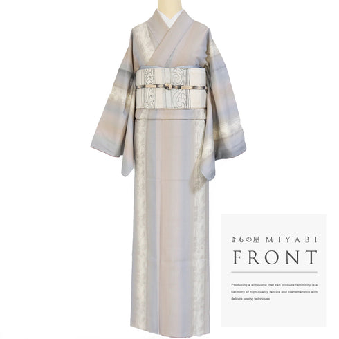 結城紬 リサイクル 身丈156.7cm 裄70.4cm 袷 草花柄 織人 倉持愛子 縦ぼかし グレー Mサイズ お洒落 カジュアル 証紙 しつけ糸 正絹 広衿 Sランク