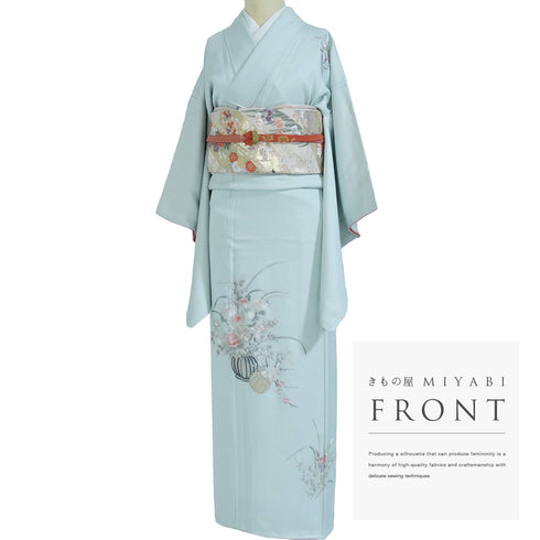 付下げ リサイクル 身丈160.8cm 裄62.4cm 袷 花籠柄 ブルー Lサイズ セミフォーマル 落款 正絹 広衿 Aランク