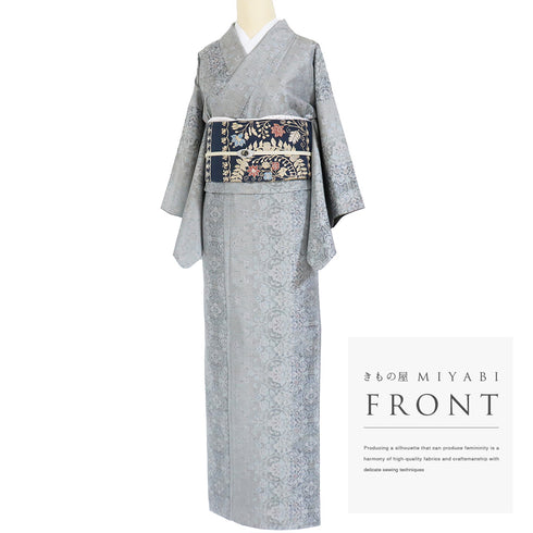 大島紬 リサイクル 身丈157.3cm 裄60.8cm 袷 有職文様 唐草柄 グレー Mサイズ カジュアル お洒落 正絹 広衿 Sランク