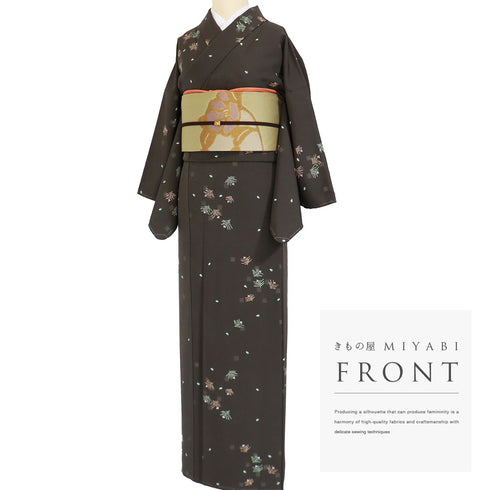 小紋 リサイクル 身丈157.2cm 裄64.4cm 袷 若松や花びら柄 ブラウン Mサイズ お洒落 カジュアル 正絹 広衿 Sランク