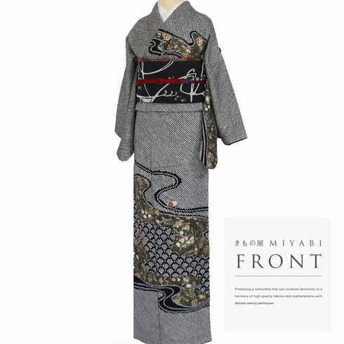 訪問着 リサイクル 身丈159cm 裄64.8cm 袷 流水に花柄 総絞り 金彩 刺繍 ブラック Mサイズ お洒落 正絹 広衿 Sランク