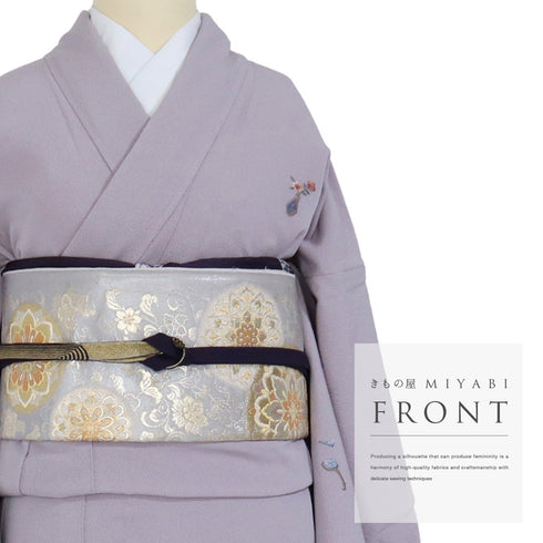 付下げ リサイクル 身丈163.5cm 裄69.6cm 袷 茶道具に花籠柄 刺繍 パープル Lサイズ お洒落 正絹 広衿 Sランク