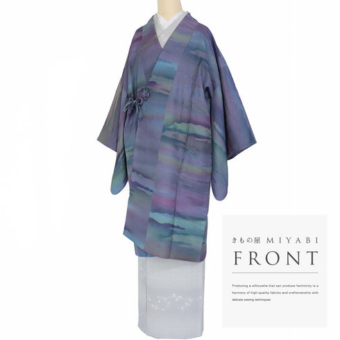 道中着 リサイクル 身丈102cm 裄65.6cm 袷 ロング丈 地紋 ぼかし柄 多色 Mサイズ お洒落 正絹 Sランク