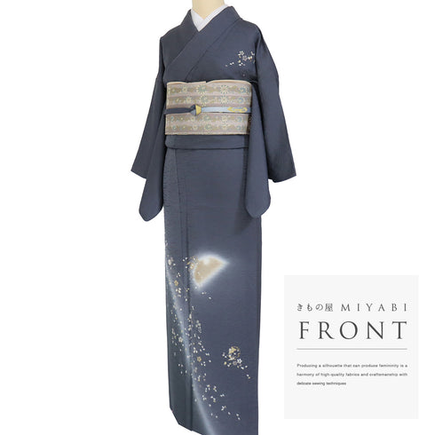 付下げ リサイクル 身丈153.2cm 裄62.8cm 袷 雪輪に宝尽くし柄 枝垂れ桜柄 金駒刺繍 ネイビー Sサイズ セミフォーマル お洒落 正絹 広衿 Aランク