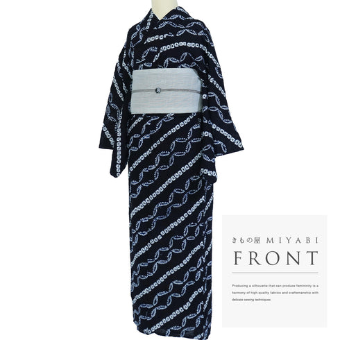 浴衣 リサイクル 夏着物 身丈151.5cm 裄65.2cm 夏物 絞り 七宝柄 ブラック Sサイズ カジュアル 木綿 洗える着物 バチ衿 Bランク