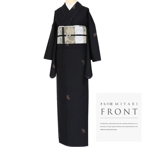 紬 リサイクル 身丈168.5cm 裄66.6cm 袷 茄柄 ブラック LLサイズ お洒落 カジュアル しつけ糸 正絹 広衿 未使用品