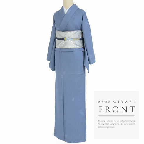 色無地 リサイクル 身丈158.2cm 裄66.4cm 袷 菊にあやめ模様 ブルー Mサイズ セミフォーマル 一つ紋 しつけ糸 正絹 広衿 地紋あり Sランク