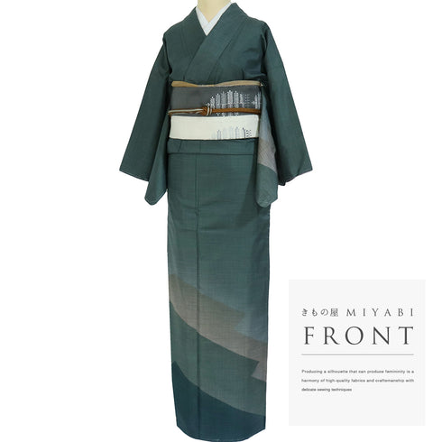 付下げ リサイクル 身丈160cm 裄64.6cm 袷 紬 抽象柄 グリーン Mサイズ お洒落 しつけ糸 正絹 広衿 Sランク