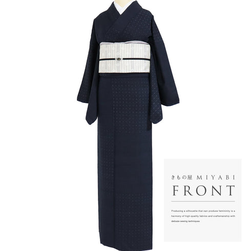 結城紬 リサイクル 身丈164.8cm 裄68cm 袷 横段柄 はたおり娘 ネイビー Lサイズ お洒落 カジュアル 証紙 正絹 広衿 Sランク