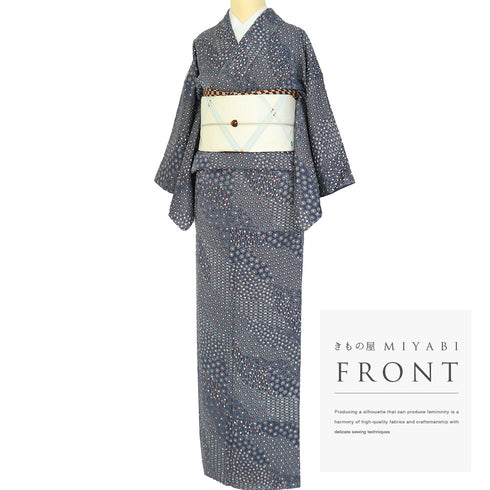 小紋 リサイクル 身丈158.5cm 裄62.4cm 袷 小花に道長取り模様 絞り ブルー Mサイズ お洒落 カジュアル しつけ糸 正絹 広衿 Sランク