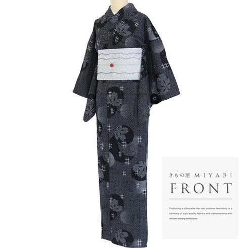 浴衣 リサイクル 夏着物 身丈155.5cm 裄63.5cm 夏物 桜柄 夏物 ブラック Mサイズ カジュアル 木綿 洗える着物 広衿 Aランク