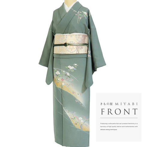 訪問着 リサイクル 身丈152.8cm 裄63.6cm 袷 花柄 グリーン Sサイズ フォーマル セミフォーマル 落款 正絹 広衿 Aランク