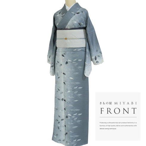 小紋 リサイクル 身丈157.8cm 裄66.8cm 単衣 縦ぼかし柄 地紋彩色 後身頃居敷当て付き ゆったりサイズ グレー Mサイズ お洒落 一つ紋 正絹 広衿 Sランク