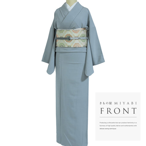 色無地 リサイクル 身丈162.2cm 裄66cm 袷 ゆったり ブルー Lサイズ セミフォーマル 一つ紋 正絹 広衿 Sランク