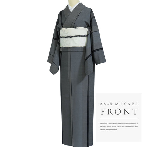 紬 リサイクル 身丈161cm 裄65.4cm 単衣 縞模様 後身頃居敷当て付き グレー Lサイズ カジュアル お洒落 正絹 広衿 Sランク