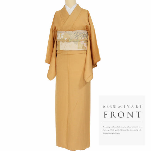 色無地 リサイクル 身丈154.6cm 裄63.2cm 袷 花唐草に桐柄 オレンジ Sサイズ お洒落 正絹 広衿 地紋あり Sランク