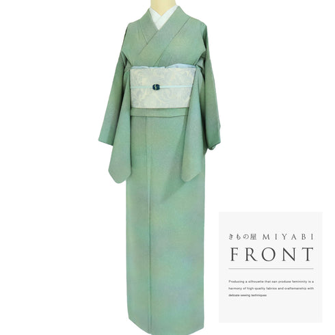 小紋 リサイクル 身丈154.8cm 裄64.4cm 袷 たたきぼかし柄 グリーン Sサイズ お洒落 正絹 広衿 Sランク