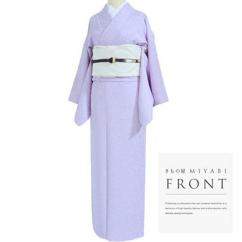 色無地 リサイクル 身丈156cm 裄66cm 袷 草花柄 パープル Mサイズ セミフォーマル お洒落 一つ紋 しつけ糸 不明 広衿 地紋あり Sランク