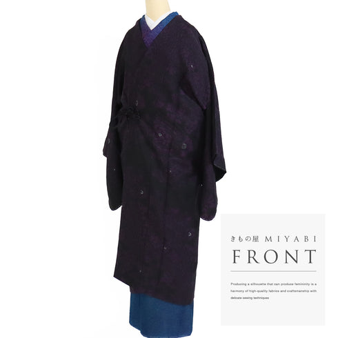 道中着 リサイクル 身丈120cm 裄67.2cm 単衣 ペイズリー柄 地紋 箔 ロング丈 ブラック Lサイズ お洒落 正絹 Sランク