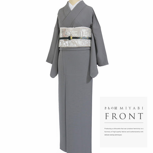 色無地 リサイクル 身丈156.5cm 裄65cm 袷 グレー Mサイズ お洒落 しつけ糸 正絹 広衿 地紋なし 未使用品