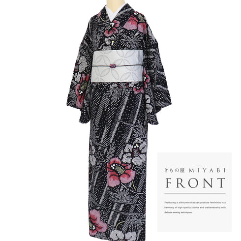 浴衣 リサイクル 夏着物 身丈153cm 裄68cm 夏物 有松鳴海本絞り 斜めに縞にハイビスカス模様 ブラック Sサイズ カジュアル 木綿 洗える着物 バチ衿 Sランク