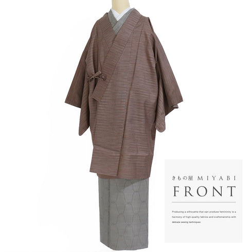 道中着 リサイクル 身丈98.5cm 裄65.2cm 袷 絣 着物衿 ブラウン Mサイズ お洒落 カジュアル しつけ糸 正絹 Bランク