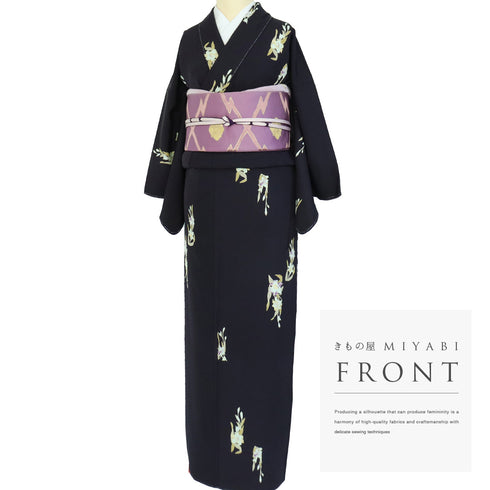 小紋 リサイクル 身丈155.8cm 裄64cm 袷 花柄 ネイビー Mサイズ お洒落 しつけ糸 正絹 広衿 Sランク