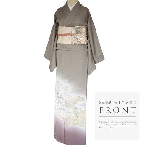 色留袖 リサイクル 身丈163.5cm 裄66cm 袷 観世水に白梅・紅梅柄 織り出し模様 比翼無し グレー Lサイズ 一つ紋 しつけ糸 正絹 広衿 Sランク