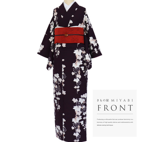 小紋 リサイクル 身丈157cm 裄64.4cm 袷 蔦に葡萄模様 HANAE MORI パープル Mサイズ お洒落 カジュアル ポリエステル 洗える着物 広衿 Sランク