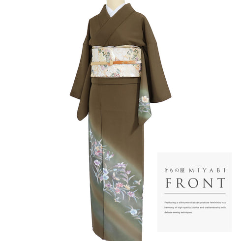 付下げ リサイクル 身丈158.5cm 裄63.2cm 袷 花柄 草野一騎 ブラウン Mサイズ セミフォーマル お洒落 正絹 広衿 Sランク