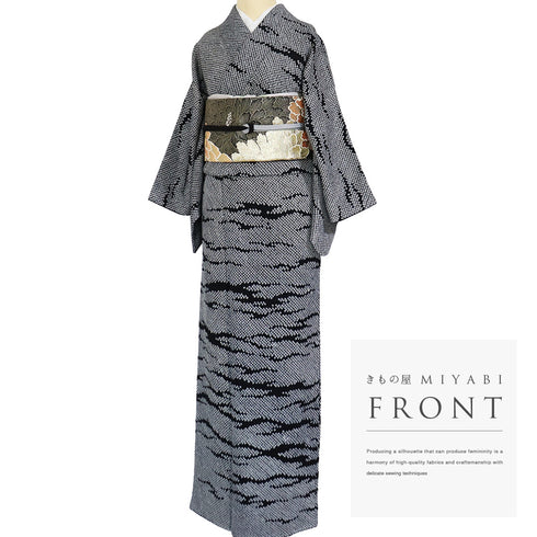 訪問着 リサイクル 身丈157.5cm 裄63cm 袷 ゆったりサイズ 絞り パールトーン加工済 ブラック Mサイズ お洒落 正絹 広衿 Sランク