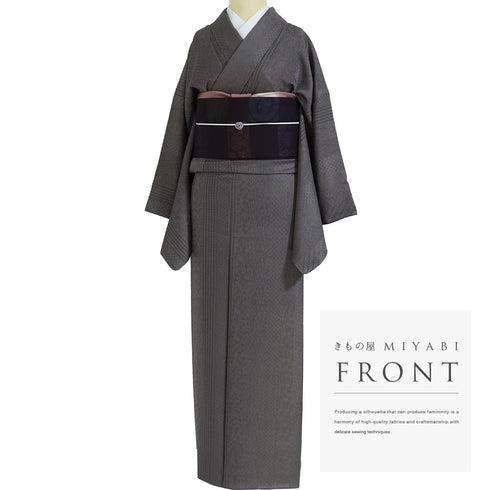 小紋 リサイクル 身丈158cm 裄65.3cm 袷 縦縞模様 地紋 ガード加工 パープル Mサイズ お洒落 正絹 広衿 Sランク