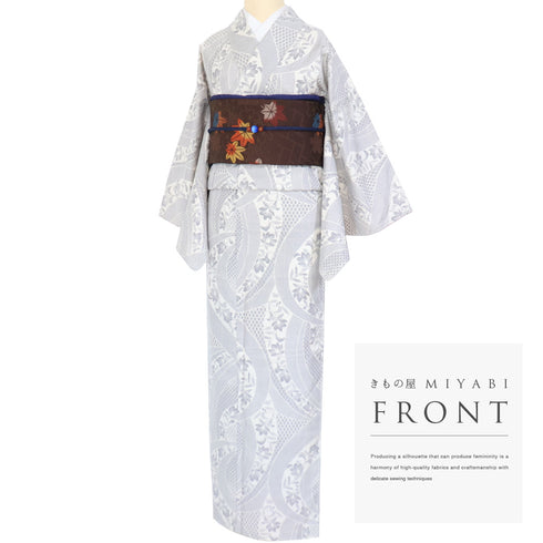 紬 リサイクル 身丈164cm 裄64.4cm 袷 曲線 植物 絣模様 ホワイト Lサイズ お洒落 カジュアル 正絹 広衿 Sランク