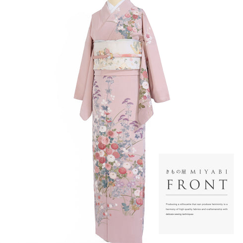 訪問着 リサイクル 身丈165.3cm 裄68cm 袷 菊や花各種柄 相良刺繍 ピンク Lサイズ フォーマル セミフォーマル 正絹 広衿 Aランク