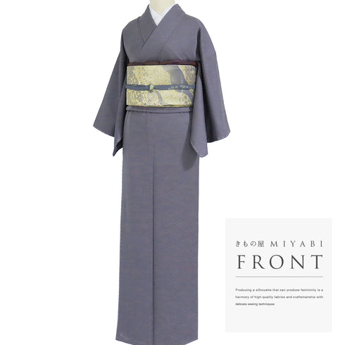 色無地 リサイクル 身丈158cm 裄62.4cm 袷 七宝柄 パープル Mサイズ セミフォーマル お洒落 一つ紋 正絹 広衿 地紋あり Sランク