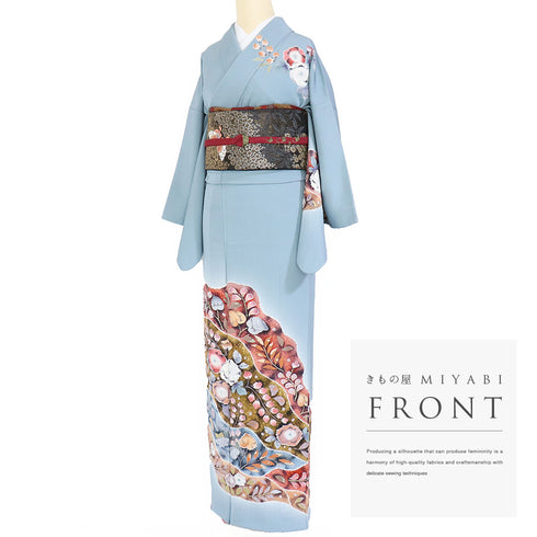 訪問着 リサイクル 身丈161.7cm 裄64.4cm 袷 辻が花 桐屋・翠山工房 絞り ブルー Lサイズ お洒落 落款 正絹 広衿 Sランク