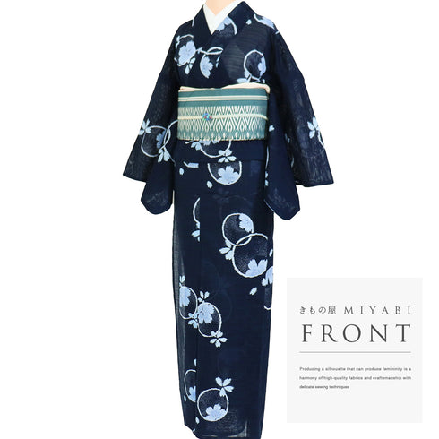 浴衣 リサイクル 夏着物 身丈162.7cm 裄67cm 絽 夢工房 桜柄 ミシン仕立て ネイビー Lサイズ カジュアル 木綿 洗える着物 バチ衿 Aランク
